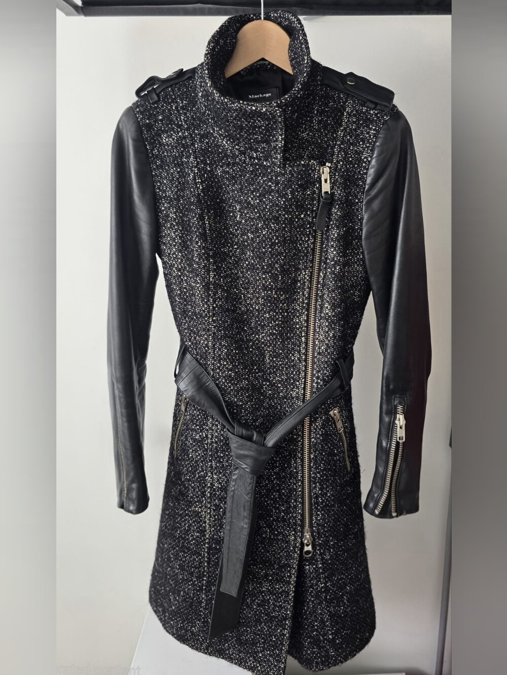 ๐จ๐ฆ Mackage Wool Blend Coat w/ Genuine Lambskin Leather Sleeves Belted - Picture 3 of 14